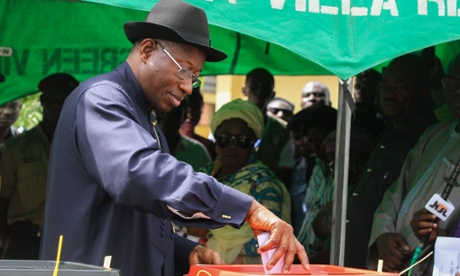 Nigeria's president, Goodluck Jonathan, casts his ballot at a polling station in Otueke, Bayelsa state.