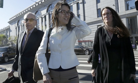Ellen Pao, center, walks with attorneys Alan Exelrod, left, and Therese Lawless outside of Civic Center Courthouse in San Francisco on 27 March.