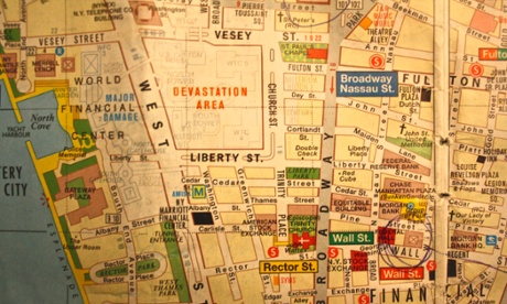 A page from Paul Owen's copy of the New York Mapguide by Michael Middleditch, showing the site of the World Trade Center soon after 9/11. 