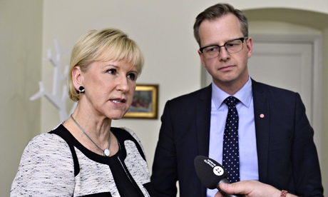 Sweden's foreign minister Margot Wallström and  trade minister Mikael Damberg talk to journalists af