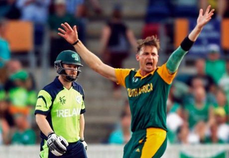 Dale Steyn reacts after dismissing Paul Stirling for nine.