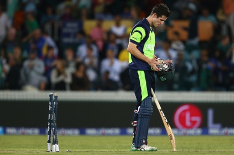 George Dockrell looks dejected after being bowled by Morne Morkel.