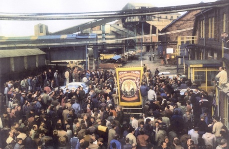 Back in the pit yard at the end of the march back to work. Silverwood Colliery, Rotherham Sth Yorkshire pit yard at the end of the march back to work 