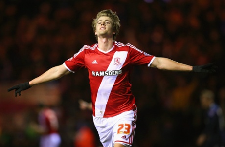 Patrick Bamford of Middlesbrough celebrates scoring the opening goal.