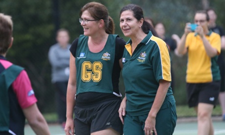 Liberal Senator Concietta Fierravanti-Wells and Labor's Kate Lundy at  the annual Politicians vs Press Gallery netball match.
