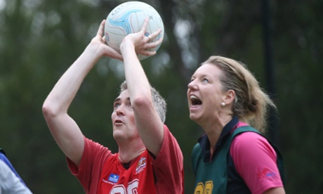 Bridget McKenzie and David Speers at the annual Politicians vs Press Gallery netball match in  Parliament House in Canberra morning.