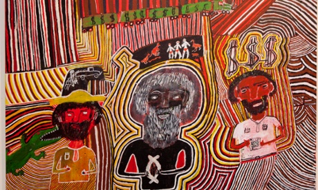 Jacky Green’s painting, entitled: ‘Lots of Money around over Aboriginal Heads’. Photograph: Jacky Green / Waralungku Arts