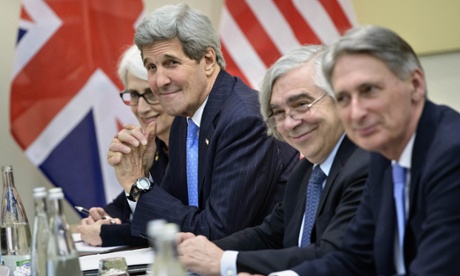 From left, US Under Secretary for Political Affairs Wendy Sherman, US Secretary of State John Kerry, US Secretary of Energy Ernest Moniz and British Foreign Secretary Philip Hammond at Sunday night talks in Lausanne.  (AP Photo/Brendan Smialowski, Pool)
