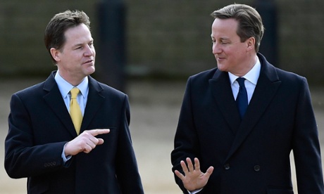 Britain's Prime Minister David Cameron (R) and Deputy Prime Minister Nick Clegg arrive at a ceremonial welcome for Mexico's President Enrique Pena Nieto and his wife Angelica Rivera, at Horse Guards Parade in London March 3, 2015. The President and his wife are guests of Queen Elizabeth during their three day state visit to Britain. REUTERS/Toby Melville (BRITAIN - Tags: POLITICS ROYALS ENTERTAINMENT):rel:d:bm:LM1EB3314LS01