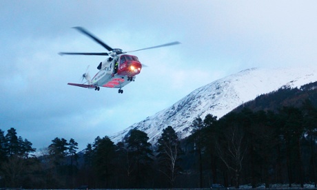 Members of Lake District mountain rescue teams training with the new privatised search and rescue helicopter operation.