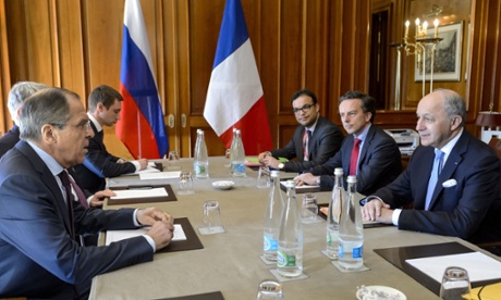 The Russian foreign minister, Sergei Lavrov (L), and members of his delegation during Iran nuclear talks.