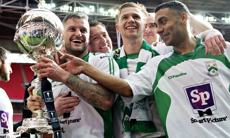 The footballers of North Ferriby celebrate winning the FA Trophy final. Photograph: Alan Waleter/Act