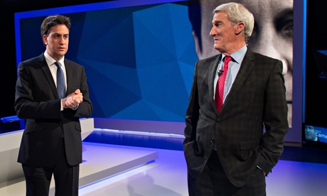 Ed Miliband (in the grey tie) and Jeremy Paxman