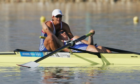 Grainger supports her team-mate Cath Bishop after securing silver in the pairs at the Athens Games in 2004.