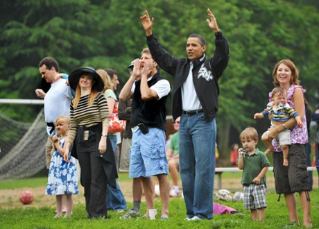 US President Barack Obama in his signature dad jeans