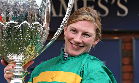 Nina Carberry with the Foxhunter trophy after winning on On The Fringe at 2015 Cheltenham Festival