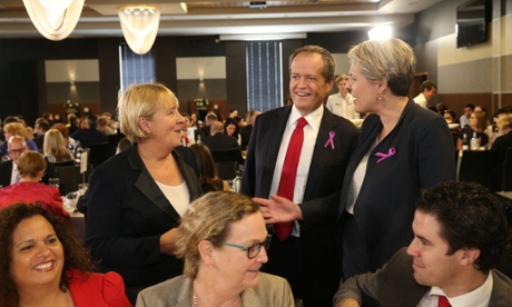 Bill Shorten with Labor colleagues Tanya Plibersek and Jenny Macklin at the National Press Club. Michelle Rowland and Tim Watts in the foreground.