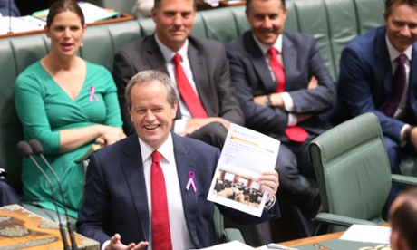 Bill Shorten holds up an article about the LNP womens day function at a mens club.