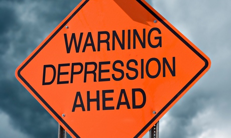 An orange highway safety sign with the words Warning Depression Ahead on it