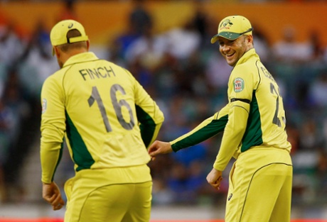Michael Clarke shares a laugh with team mate Aaron Finch.