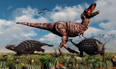 two Ankylosaurus fend off a T rex.