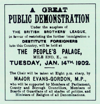 A poster for the BBL's biggest rally, at the People's Palace in MIle End in 1902. Photograph: ©Jewish Museum