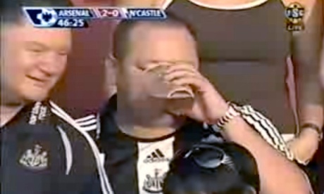 Screengrab taken from Youtube. To be used by sport in Clipjoint. Pic of Newcastle owner Mike Ashley downing a beer,