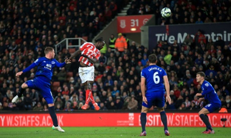 Stoke City's Victor Moses rises to power a fantastic header home.