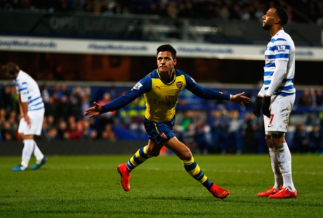 Despair for QPR players as Alexis Sanchez of Arsenal scores their second.