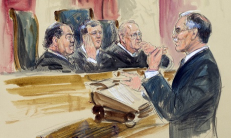 artist rendering shows Donald Verrilli, right, speaking before the Supreme Court.