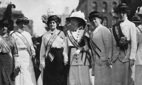 circa 1913: From left to right, Inez Haynes Gillmore, Hildegarde Hawthorne, Edith Ellis Furness, Rose Young, Katherine Licily and Sally Splint represent female authors, dramatists and editors on a New York Women's Suffrage Parade.