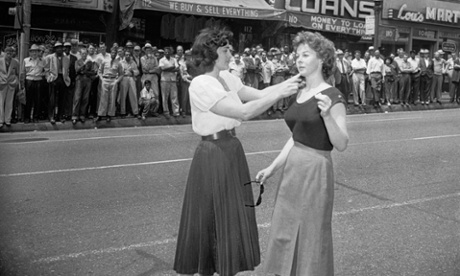 Actor Susan Hayward prepares to film a scene for I’ll Cry Tomorrow in Skid Row, 1955.