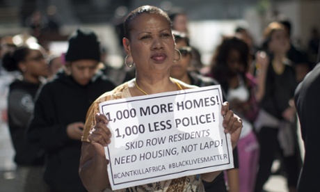 A Skid Row protester outside LAPD headquarters.