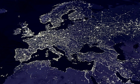 Europe at night, a composite of hundreds of pictures made by the US Defense Meteorological Satellite Program.