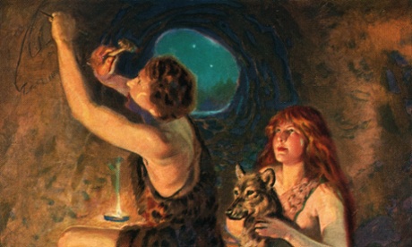 Neolithic man installing a wifi router.