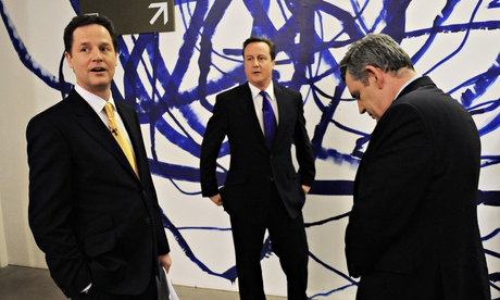 How it was in 2010: Nick Clegg, David Cameron (C),, and Gordon Brown before the second of three live