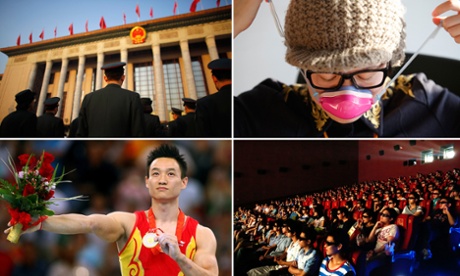 Military delegates at the national People’s Congress, an office worker puts on her mask, moviegoers in Wuhan, Yang Wei at the Beijing Olympics.