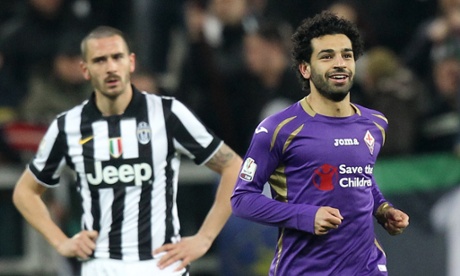 Fiorentina's Mohamed Salah celebrates after scoring the opener against Juventus.