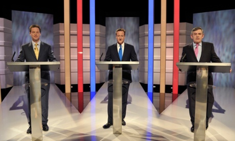 From left, Nick Clegg, David Cameron and then-prime minister Gordon Brown at the start of their first live televised debate in 2010.
