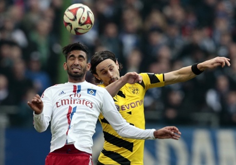 Mohamed Gouaida of Hamburg and Dortmund's Neven Subotic during the goalless Bundesliga draw.
