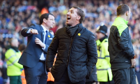 LIVERPOOL, ENGLAND - MARCH 08:  Brendan Rodgers the manager of Liverpool reacts to the greetings from the Liverpool fans during the FA Cup Quarter Final match between Liverpool and Blackburn Rovers at Anfield on March 8, 2015 in Liverpool, England.  (Photo by Michael Regan/Getty Images)FootballSoccerFA CupSoccer TournamentQuarter FinalQuarterfinal Round