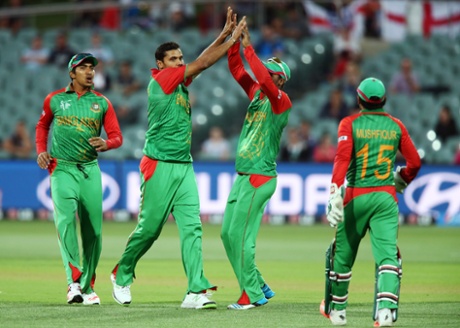 Masrafe Bin Mortaza celebrates after taking the wicket of Alex Hales.