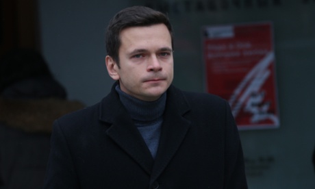 Ilya Yashin outside the Sakharov Museum in Moscow before a ceremony for murdered opposition leader Boris Nemtsov.