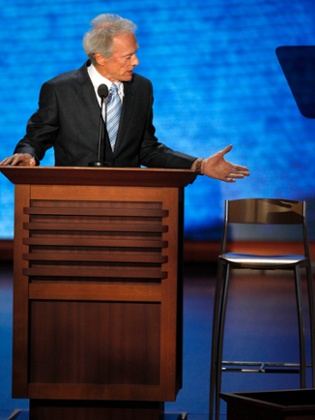 Actor Clint Eastwood speaks to an empty chair, representing President Barack Obama, at the 2012 Republican National Convention.