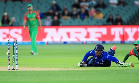 Chris Jordan watches as he is run out by Bangladesh Arafat Sunny.
