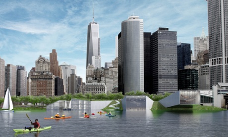 A section of the New York Dryline at Battery park, featuring a school and 'reverse aquarium'.