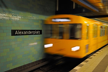 Berlin underground railway train entering the station at Alexanderplatz, Berlin.