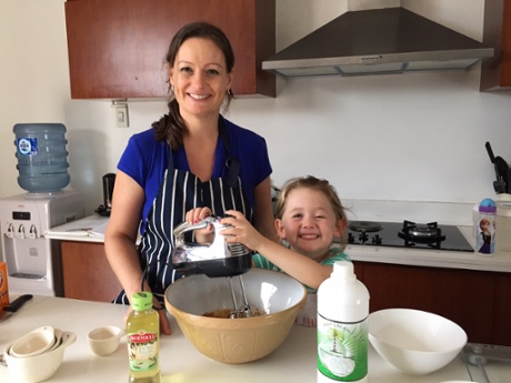 Charlotte Dauman and daughter Chloe make a palm oil free carrot cake for the bake sale at Canggu Community School, Bali.