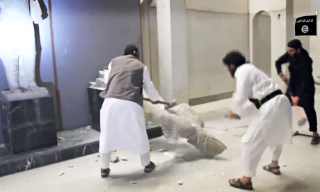 Islamic State jihadis smash up ancient artefacts in the Mosul museum, Iraq, February 2015.