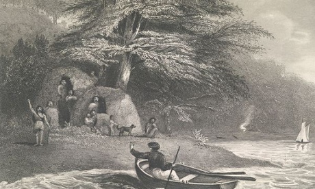 Fuegian tribespeople encounter members of Darwin’s expedition in a 1839 illustration by members of the crew. 